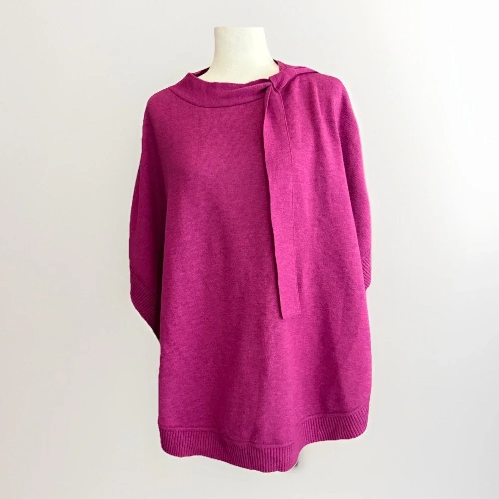 Talbots Tie Neck Soft Knit Poncho Cape Pink Purple Top Layer Sash Lightweight Lg - Picture 2 of 12